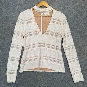 Cinq A Sept Cecily Lace Choker V-neck Top Womens XL Crochet Cream Lined Lace